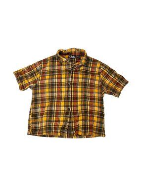 L&S Designs Plaid Button Down Shirt Medium Yellow Brown Short Sleeve Grunge 90s